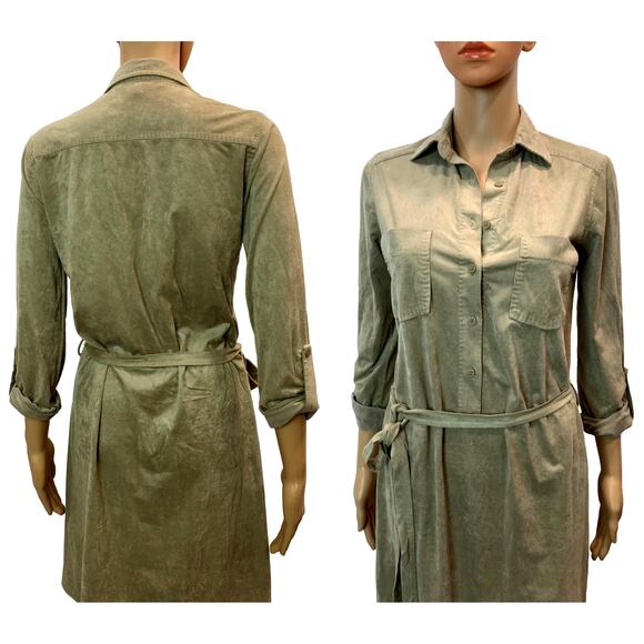 Max Studio Soft Ultra Suede Shirt Dress Tie Belt | Khaki Tan | XS - Picture 10 of 10